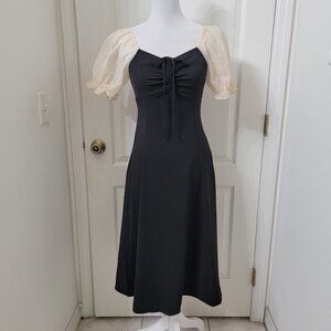 Dazy Size S Black Fit & Flare Midi Dress Drawstring Top w/ Puffy Organza Sleeves